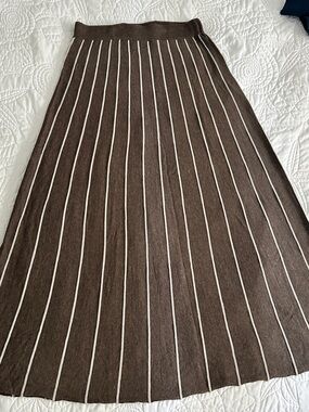 KOTN Brown Cashmere Maxi Skirt with White Vertical Stripes